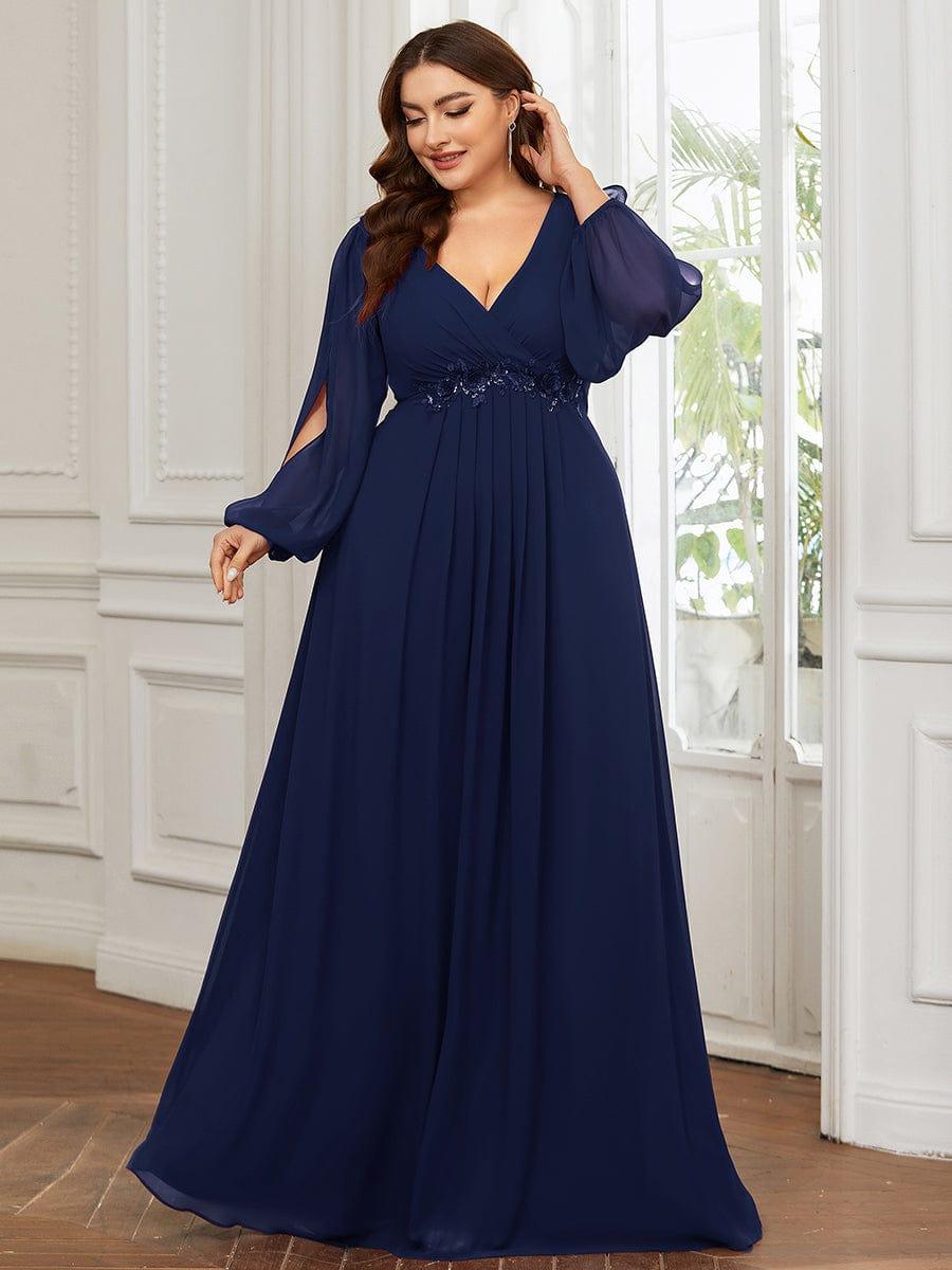 pretty AMOUR|Stylish Plus Size Chiffon Formal Evening Dresses with Long Lantern Sleeves