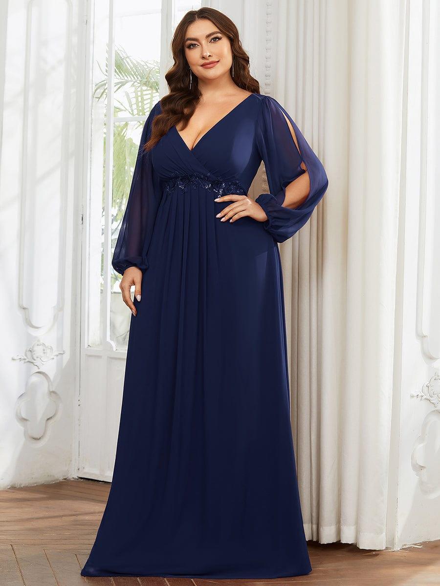 pretty AMOUR|Stylish Plus Size Chiffon Formal Evening Dresses with Long Lantern Sleeves