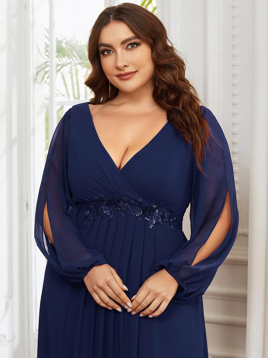 pretty AMOUR|Stylish Plus Size Chiffon Formal Evening Dresses with Long Lantern Sleeves