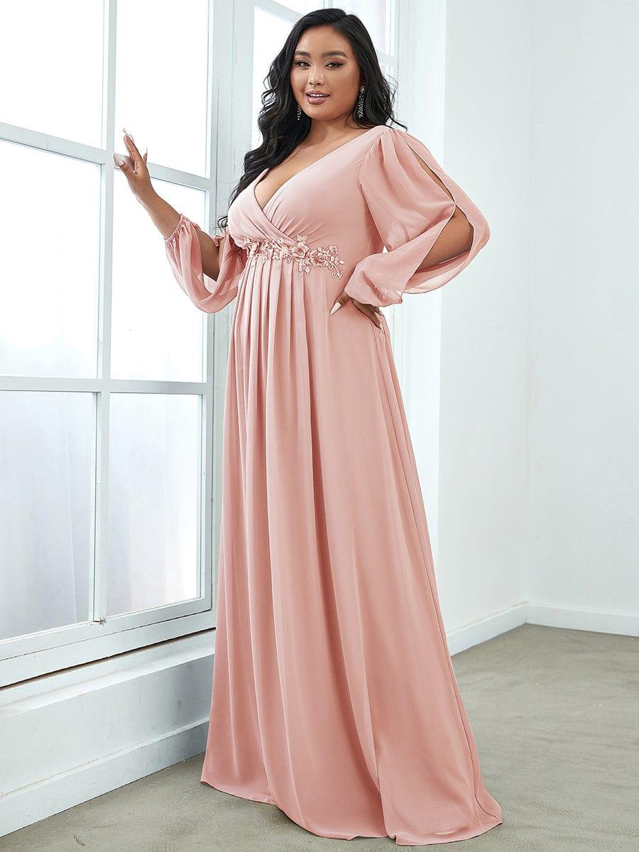 pretty AMOUR|Stylish Plus Size Chiffon Formal Evening Dresses with Long Lantern Sleeves