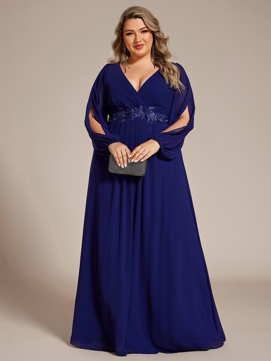 pretty AMOUR|Stylish Plus Size Chiffon Formal Evening Dresses with Long Lantern Sleeves
