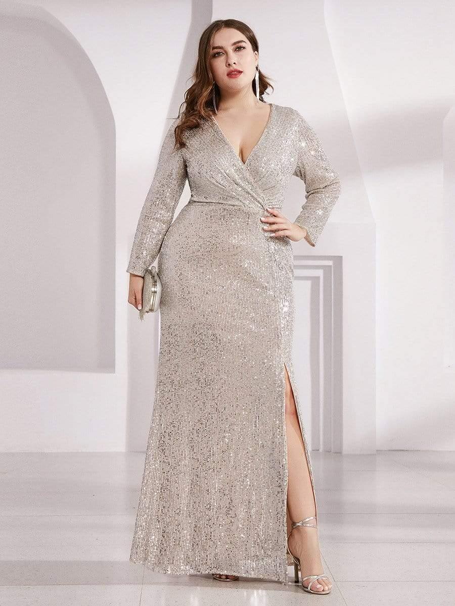 pretty NYX|Plus Size Sexy Deep V-Neck Sequin Bodice Formal Evening Gowns