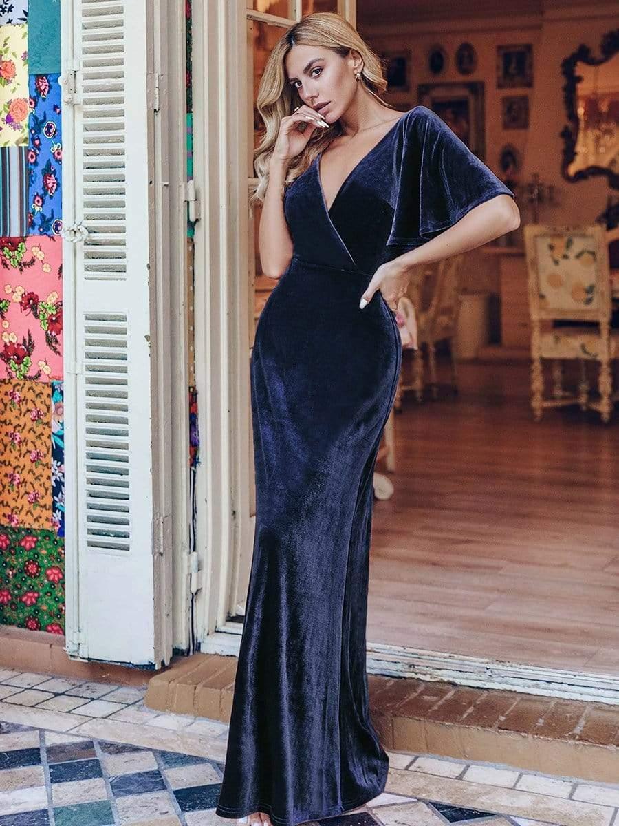 Velvet Double V Neck Maxi Bridesmaid Dress