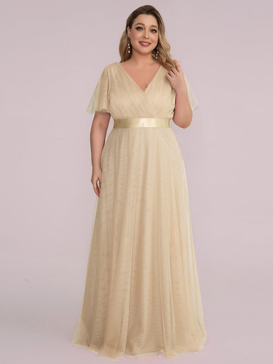 pretty MISTE|Women's Floor-Length Plus Size Formal Bridesmaid Dress with Short Sleeve