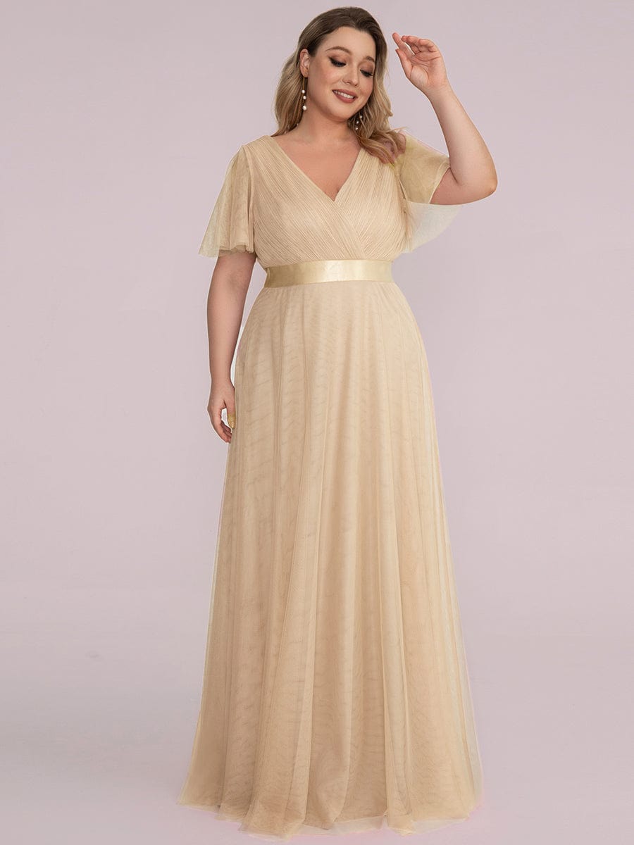 pretty MISTE|Women's Floor-Length Plus Size Formal Bridesmaid Dress with Short Sleeve