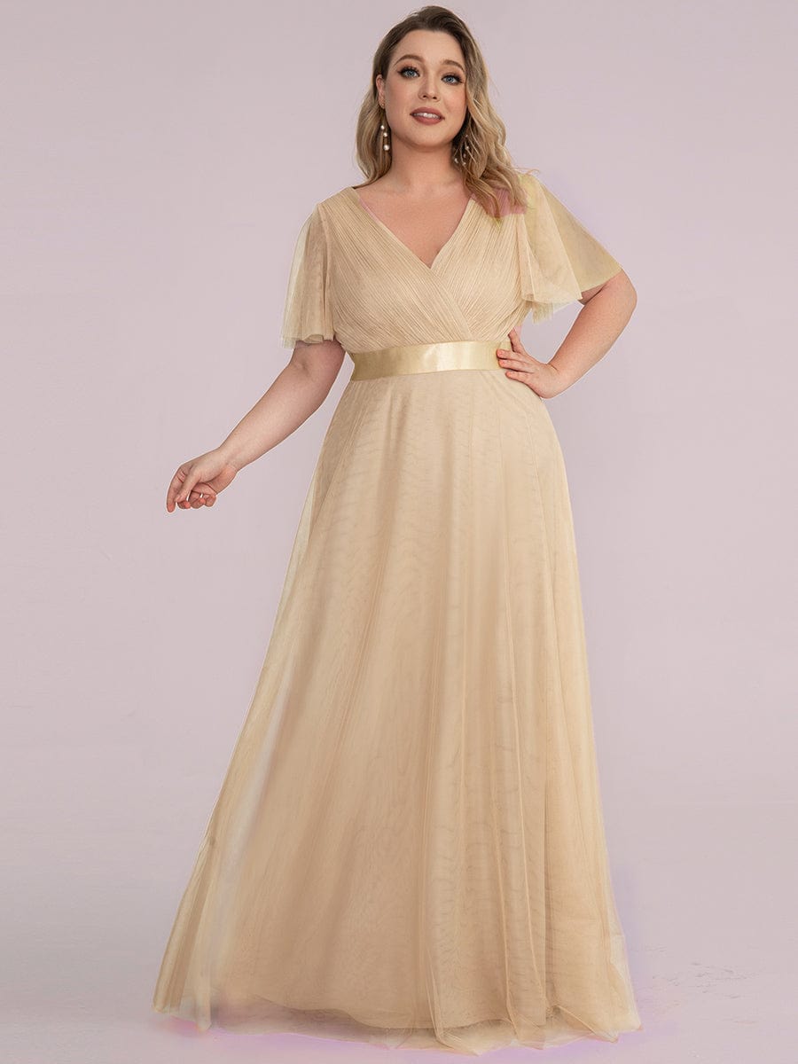 pretty MISTE|Women's Floor-Length Plus Size Formal Bridesmaid Dress with Short Sleeve