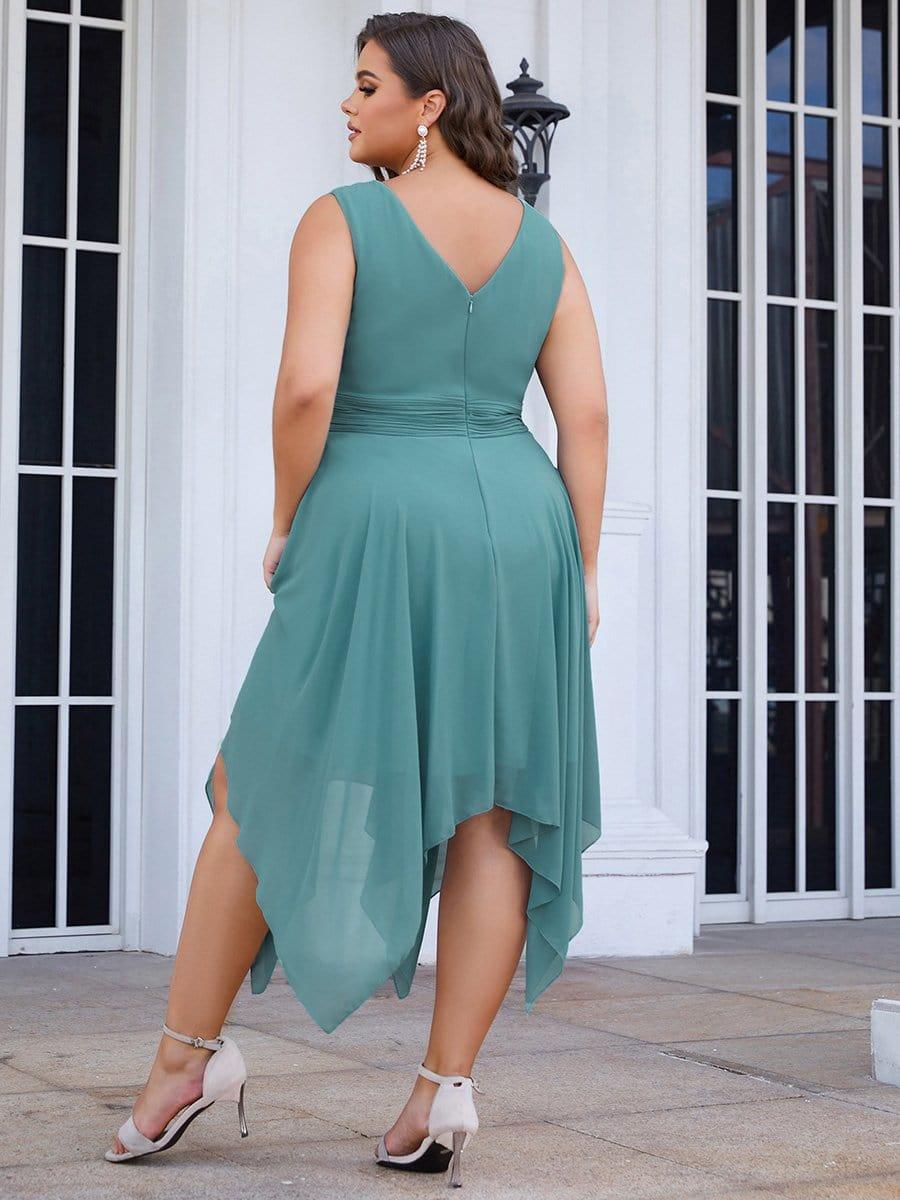 pretty ELORA|Plus Size Double V Neck Ruched-Waist Midi Chiffon Bridesmaid Dress