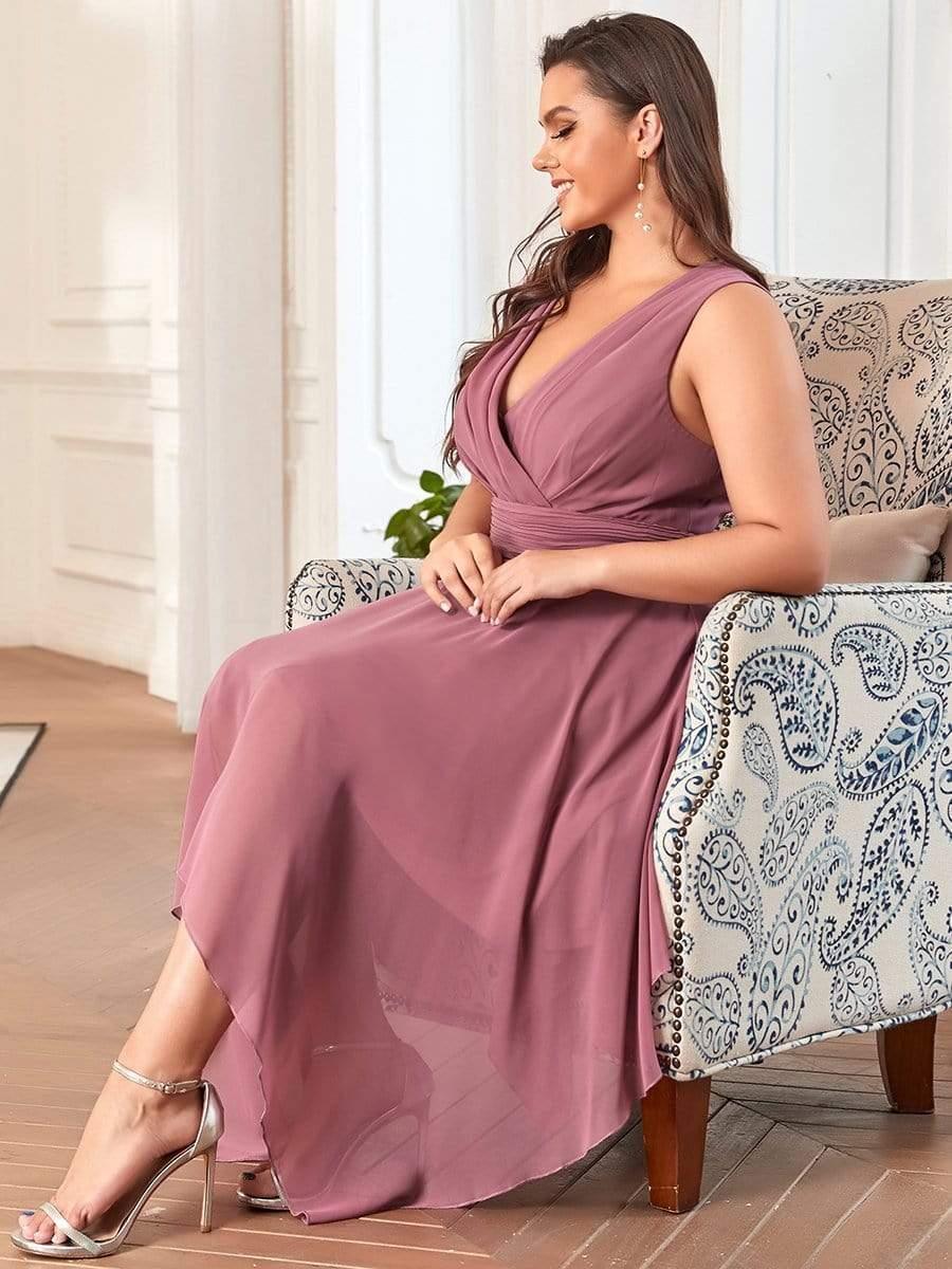 pretty ELORA|Plus Size Double V Neck Ruched-Waist Midi Chiffon Bridesmaid Dress
