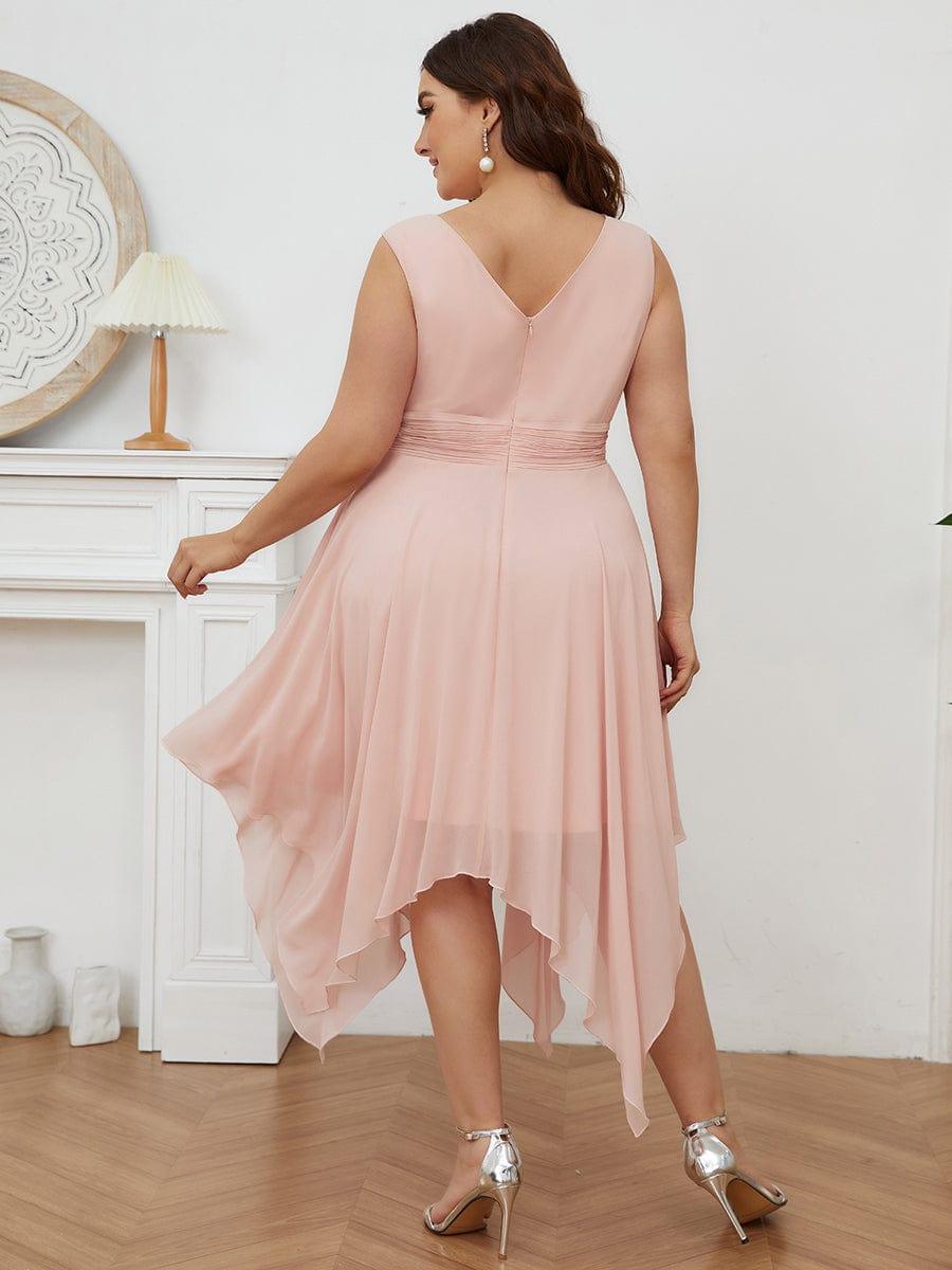pretty ELORA|Plus Size Double V Neck Ruched-Waist Midi Chiffon Bridesmaid Dress