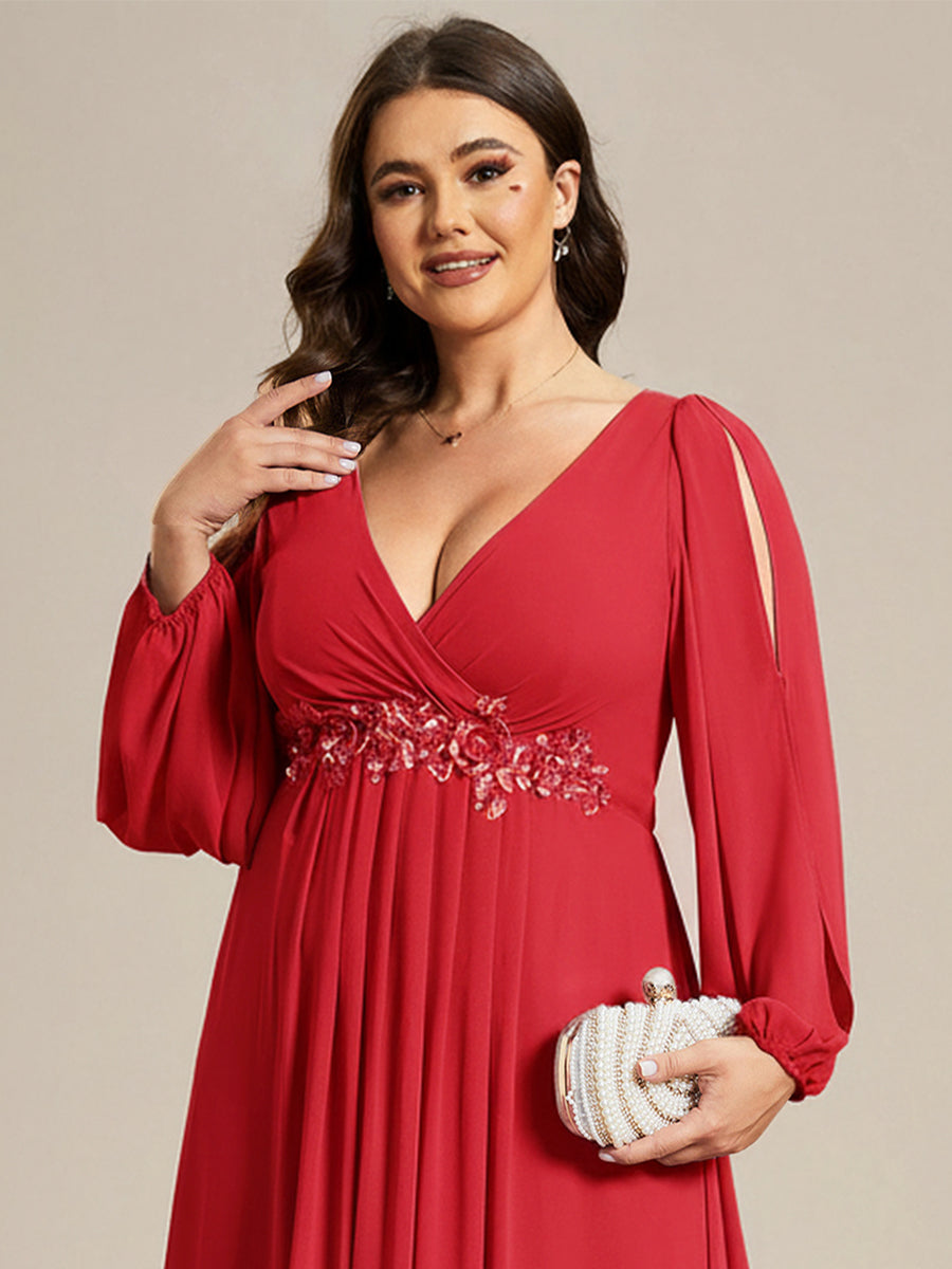 pretty AMOUR|Stylish Plus Size Chiffon Formal Evening Dresses with Long Lantern Sleeves