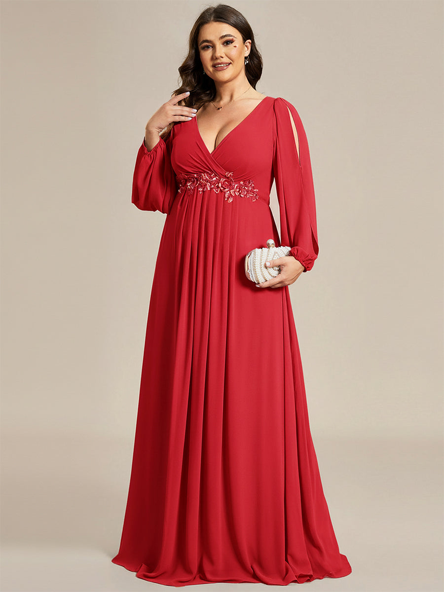 pretty AMOUR|Stylish Plus Size Chiffon Formal Evening Dresses with Long Lantern Sleeves