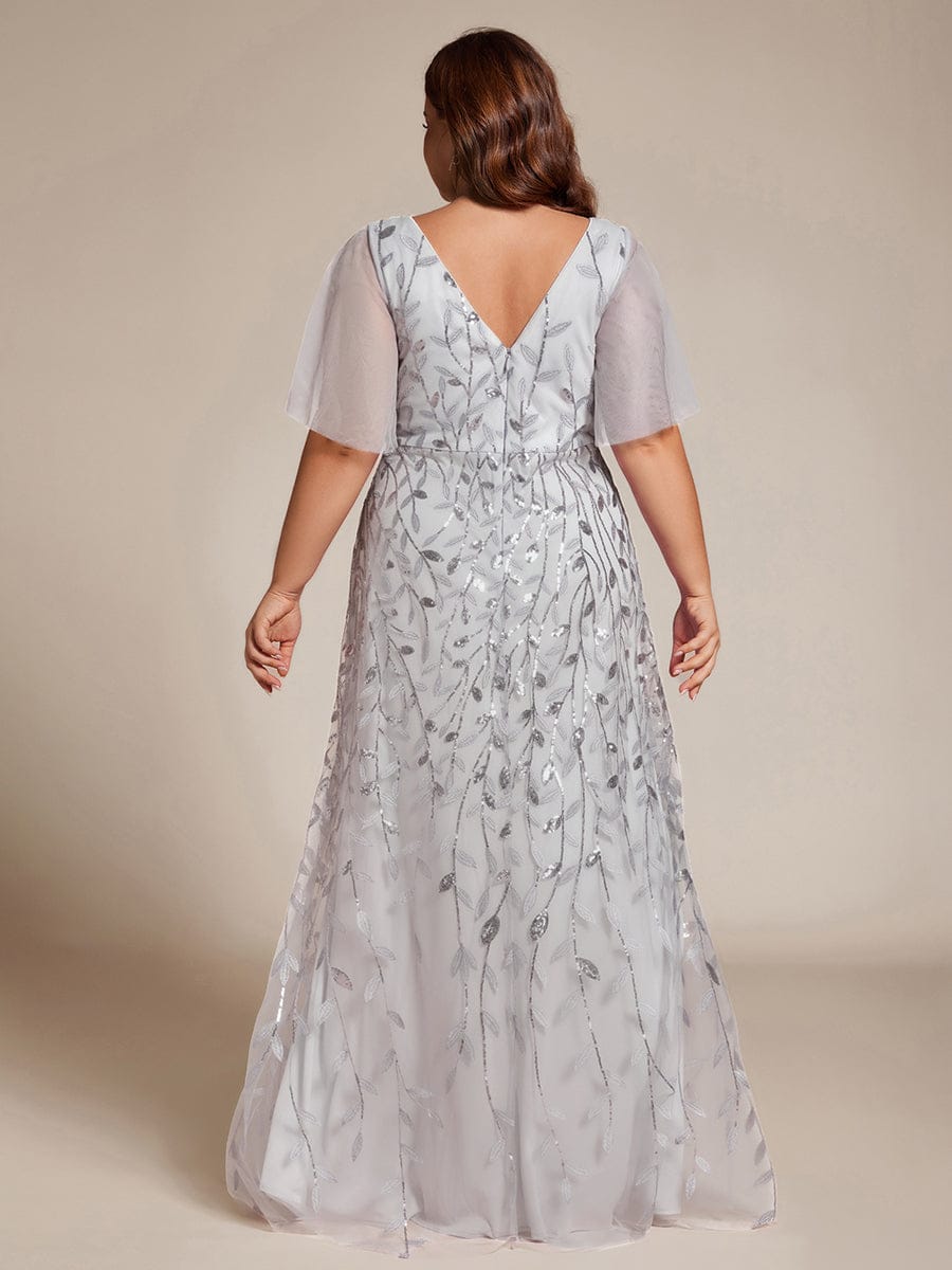 pretty ALIX|Plus Size Short Sleeves Sequin High Low V-Neck Midi Formal Evening Dress