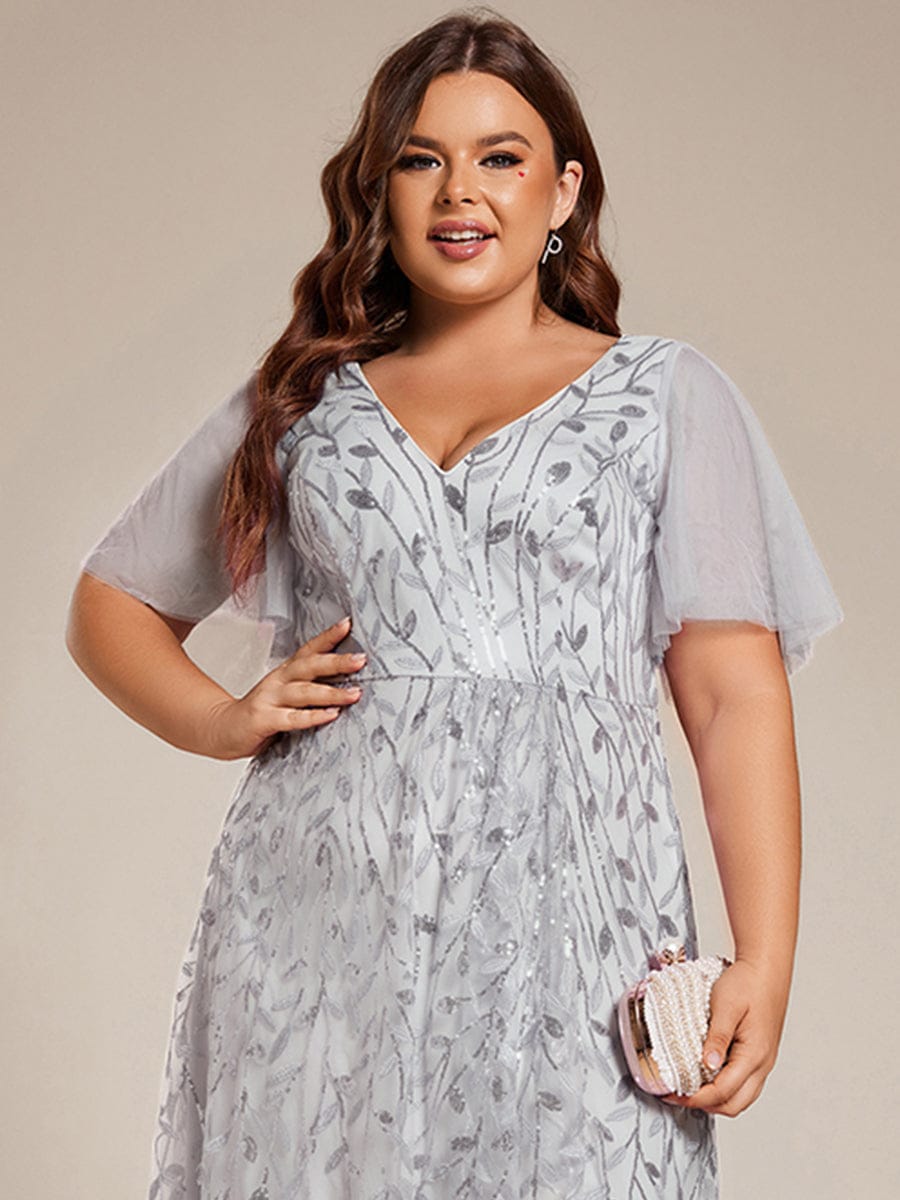 pretty ALIX|Plus Size Short Sleeves Sequin High Low V-Neck Midi Formal Evening Dress