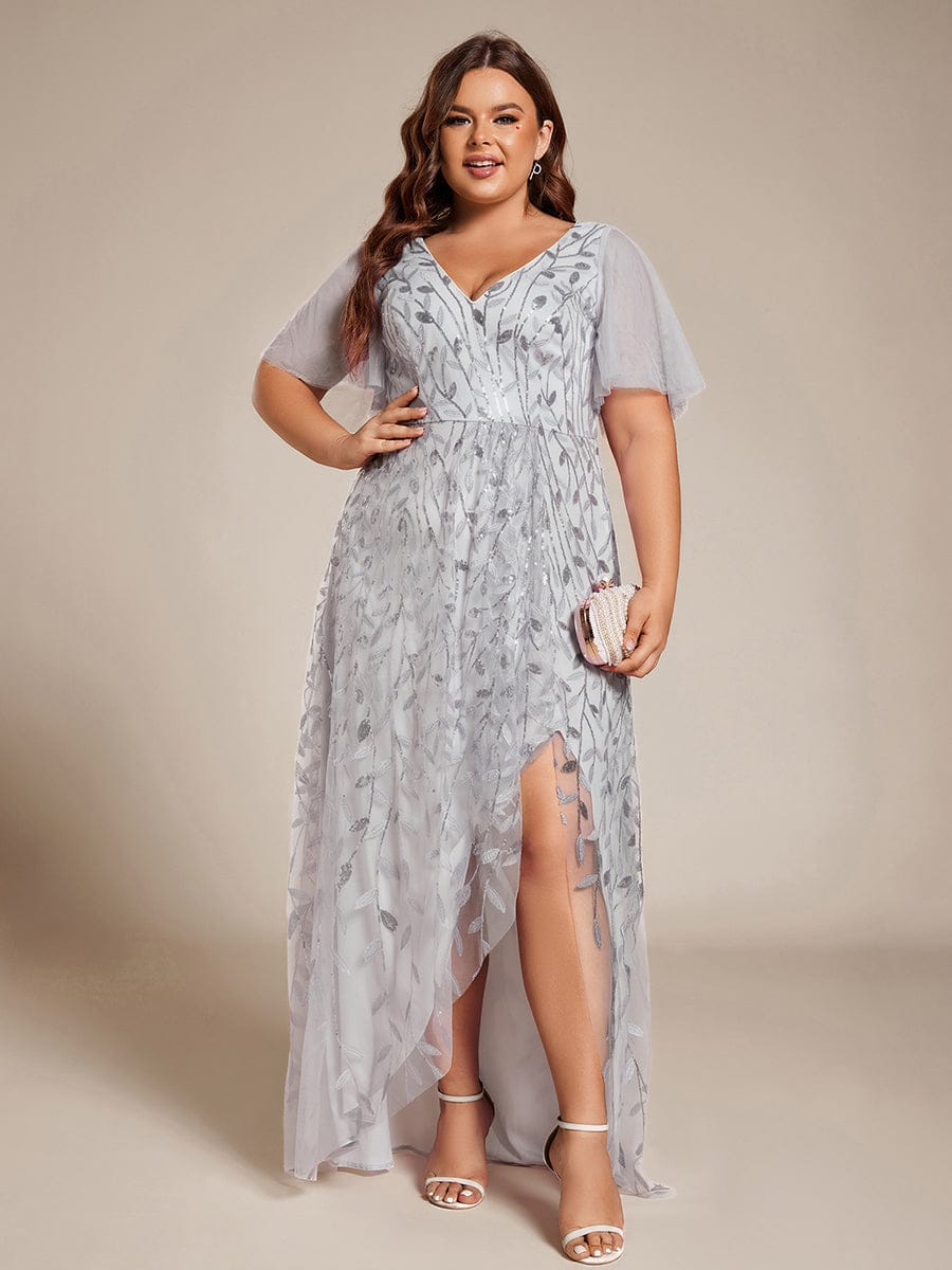pretty ALIX|Plus Size Short Sleeves Sequin High Low V-Neck Midi Formal Evening Dress