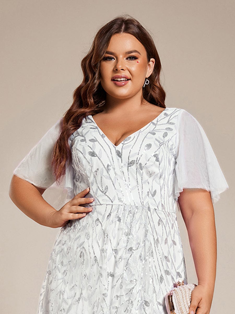 pretty ALIX|Plus Size Short Sleeves Sequin High Low V-Neck Midi Formal Evening Dress