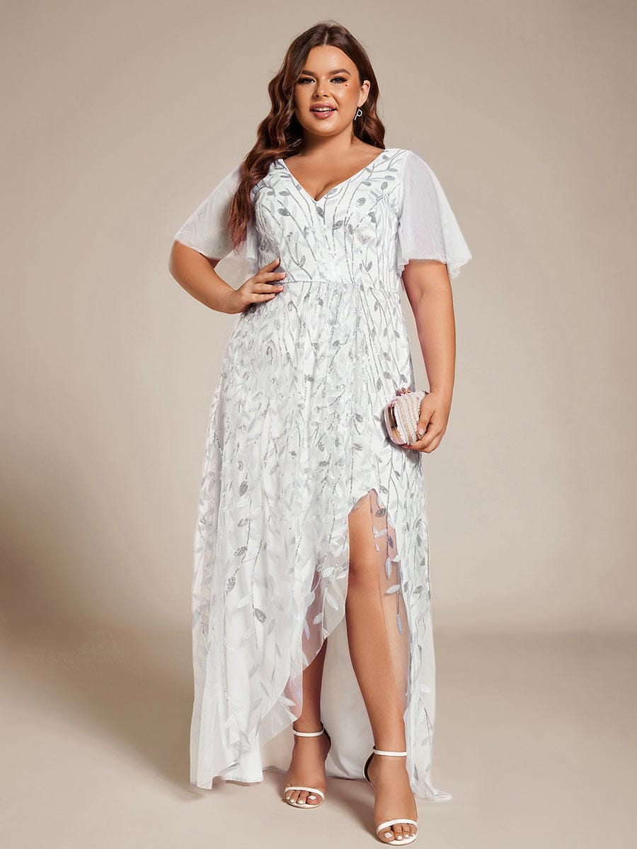 pretty ALIX|Plus Size Short Sleeves Sequin High Low V-Neck Midi Formal Evening Dress