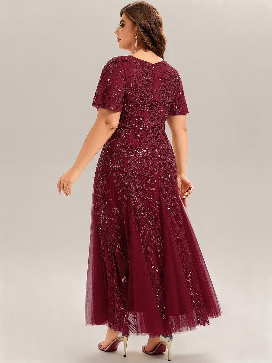 Plus Size Embroidered Sequin Ruffle Sleeve Formal Dress