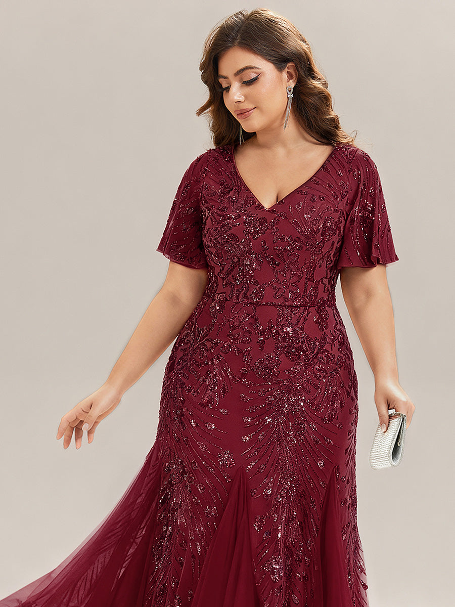 Plus Size Embroidered Sequin Ruffle Sleeve Formal Dress