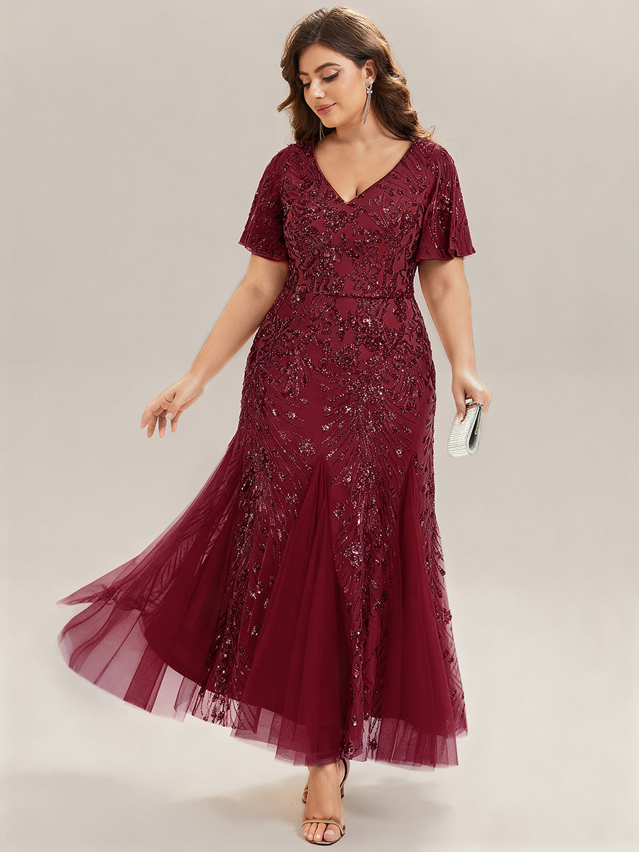 Plus Size Embroidered Sequin Ruffle Sleeve Formal Dress