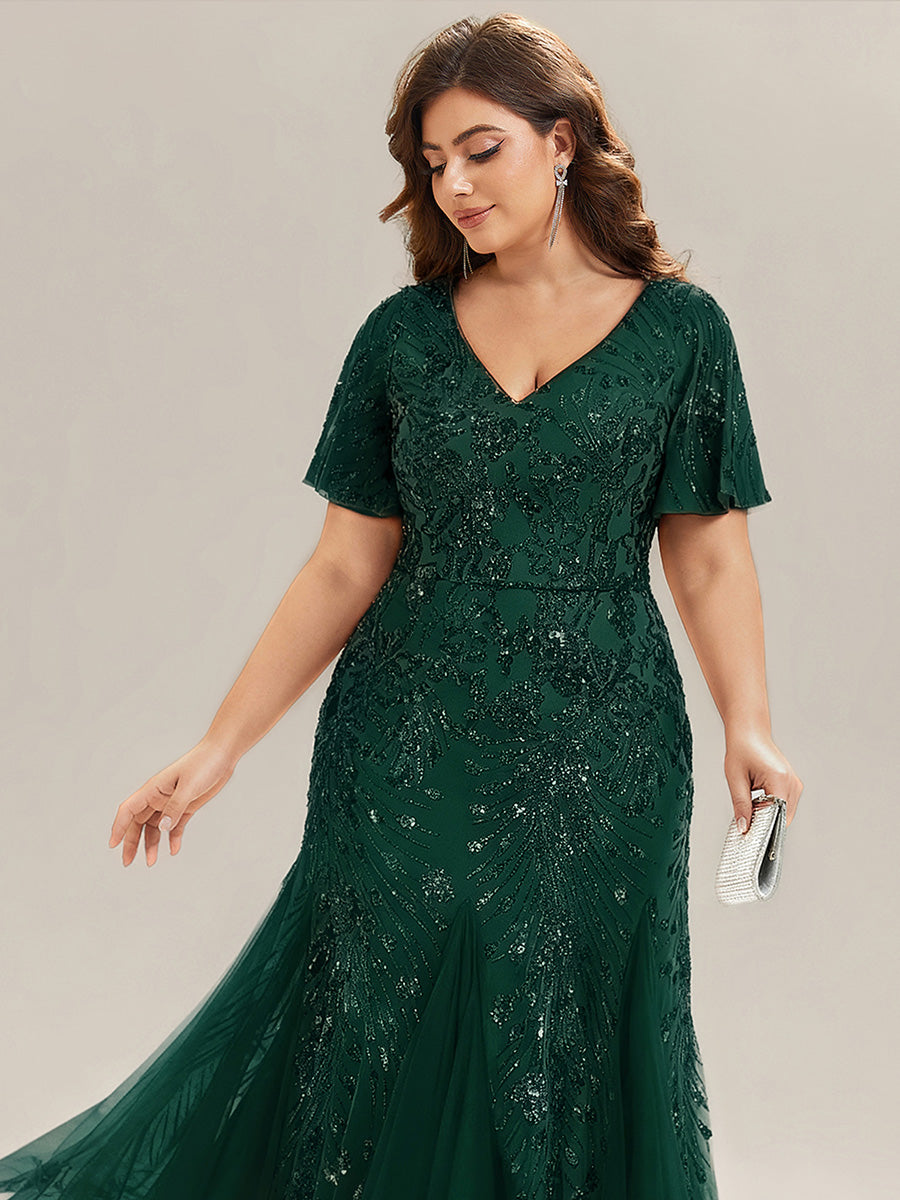 Plus Size Embroidered Sequin Ruffle Sleeve Formal Dress