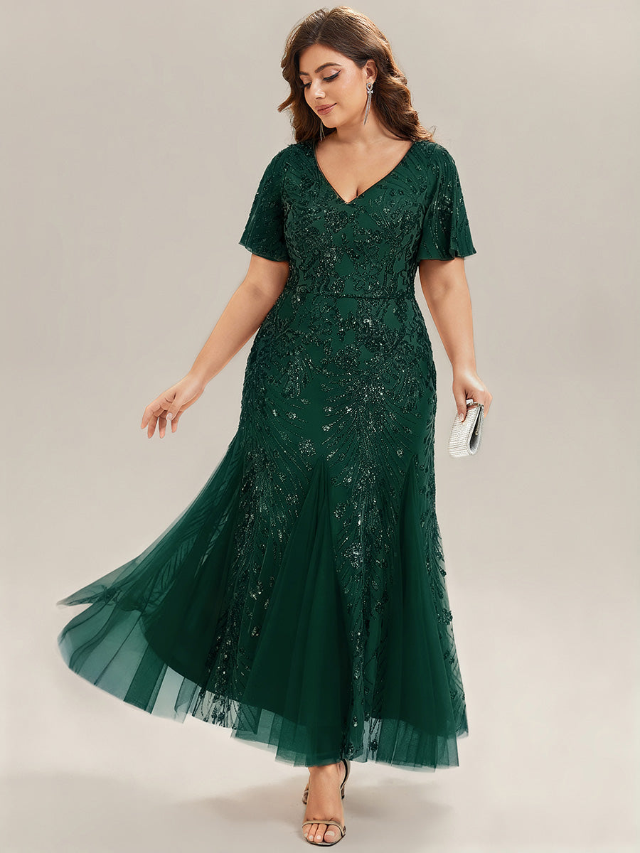Plus Size Embroidered Sequin Ruffle Sleeve Formal Dress