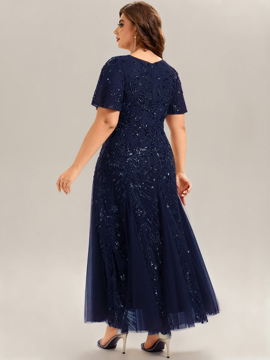Plus Size Embroidered Sequin Ruffle Sleeve Formal Dress