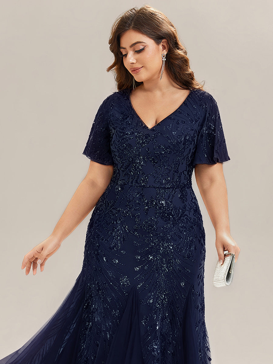 Plus Size Embroidered Sequin Ruffle Sleeve Formal Dress