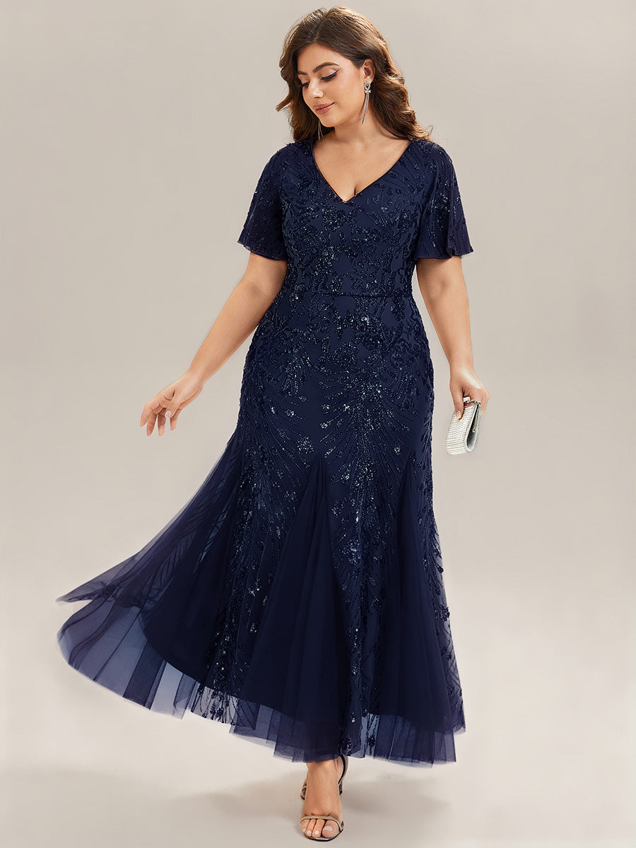 Plus Size Embroidered Sequin Ruffle Sleeve Formal Dress