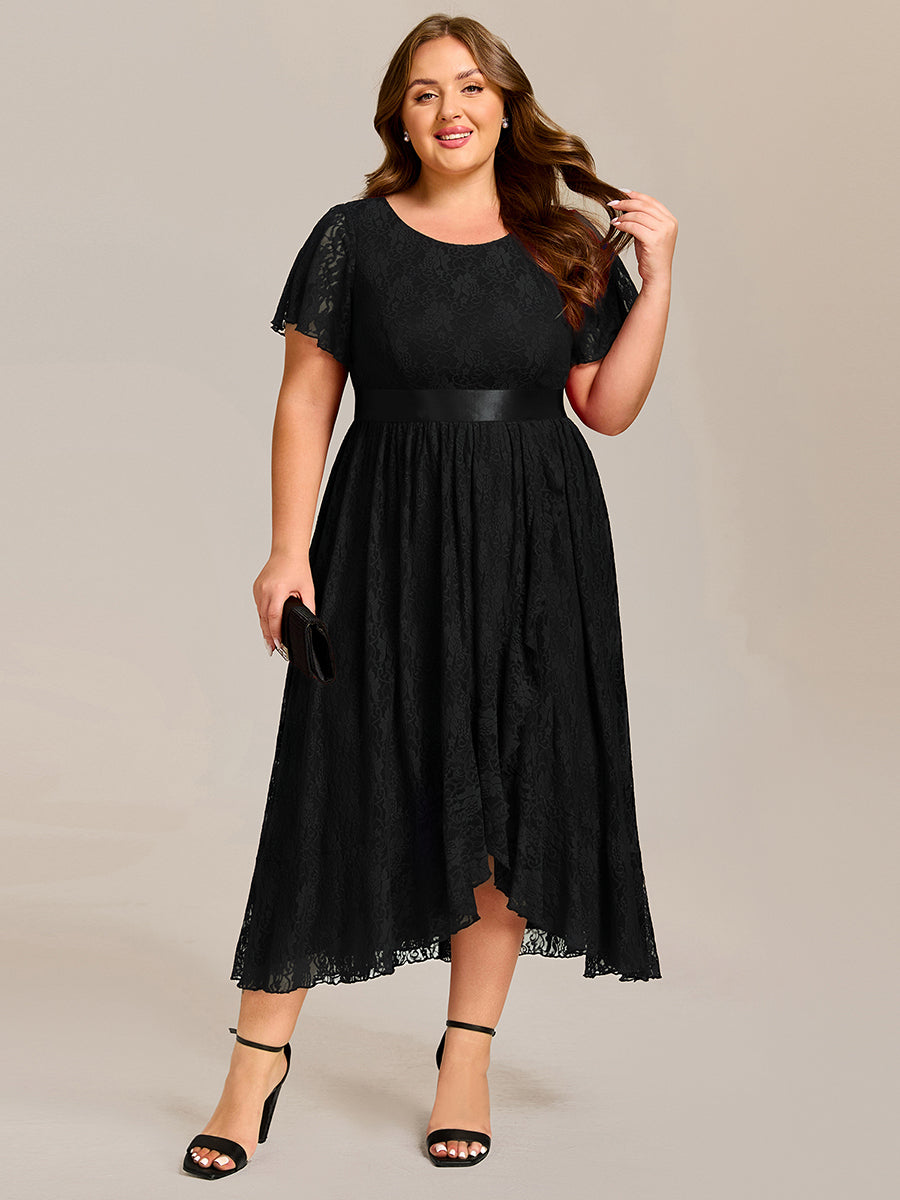 pretty SEVYN|Plus Size Lace Flutter Sleeves Round Neckline Midi Formal Dress