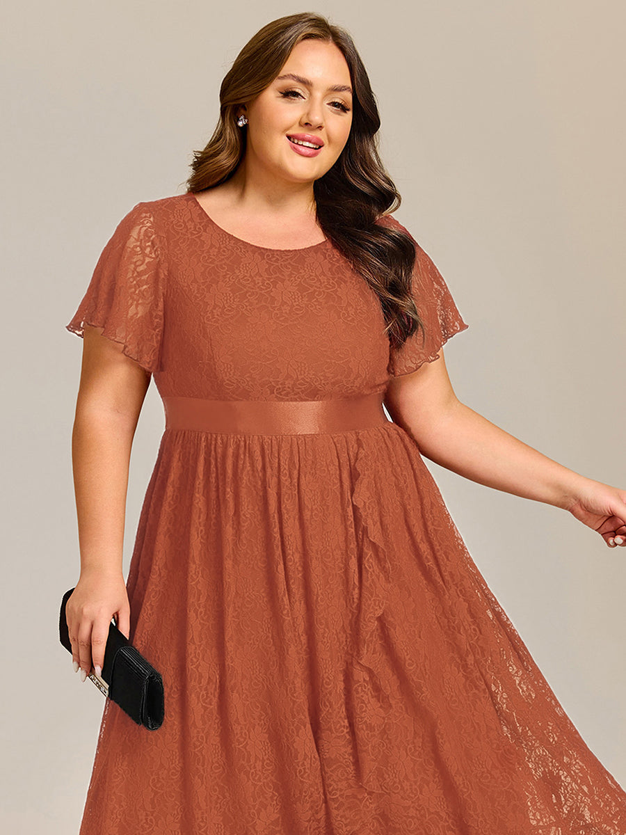 pretty SEVYN|Plus Size Lace Flutter Sleeves Round Neckline Midi Formal Dress