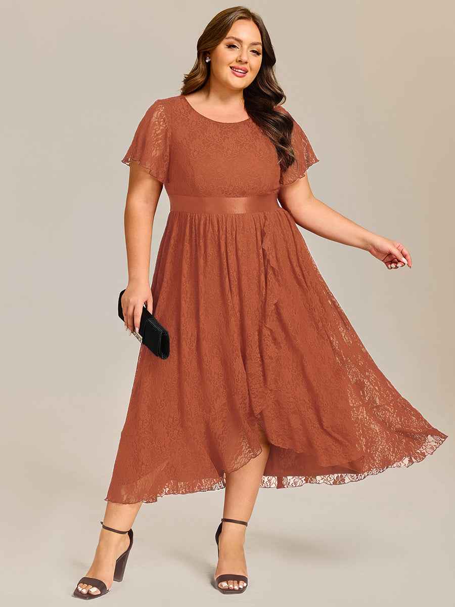 pretty SEVYN|Plus Size Lace Flutter Sleeves Round Neckline Midi Formal Dress