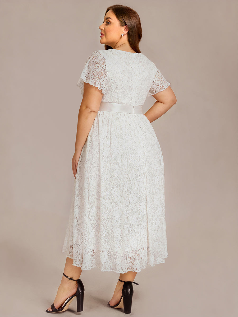 pretty SEVYN|Plus Size Lace Flutter Sleeves Round Neckline Midi Formal Dress
