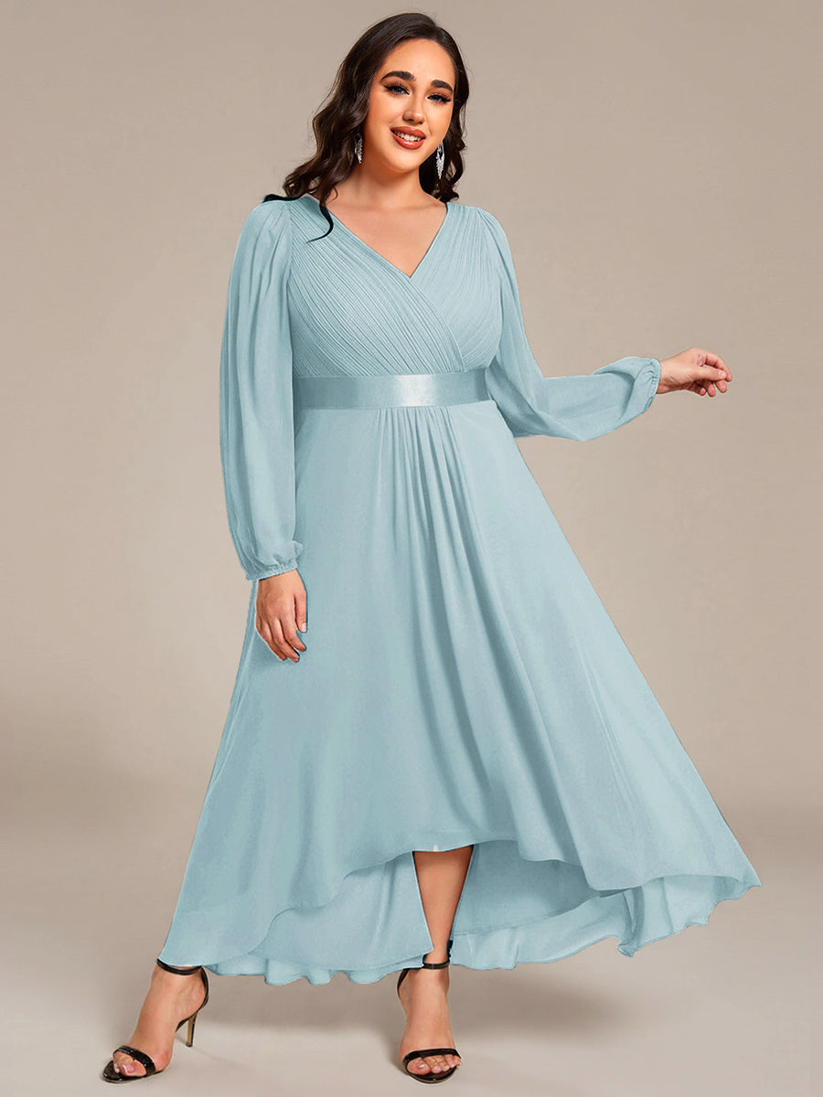 Pleated Chiffon Lantern Sleeve Evening Dress