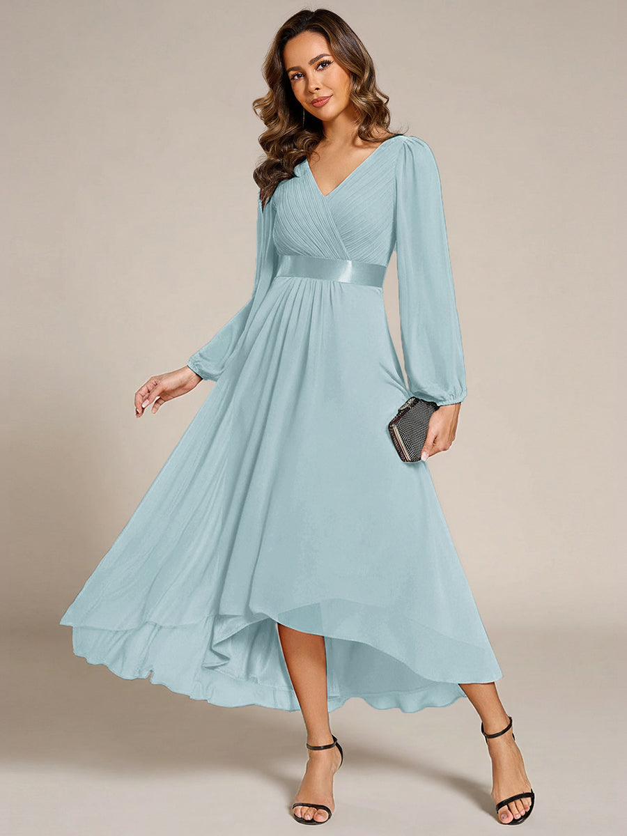 Pleated Chiffon Lantern Sleeve Evening Dress
