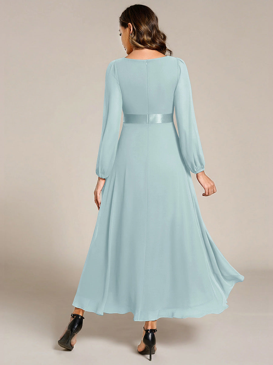 Pleated Chiffon Lantern Sleeve Evening Dress