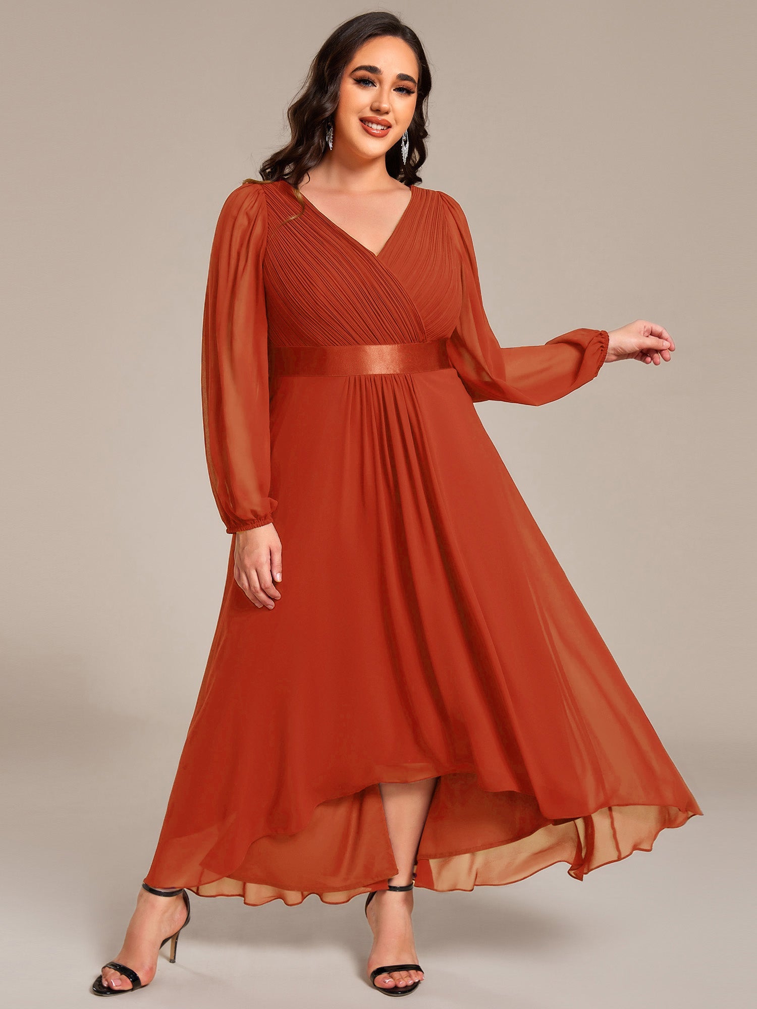 Pleated Chiffon Lantern Sleeve Evening Dress
