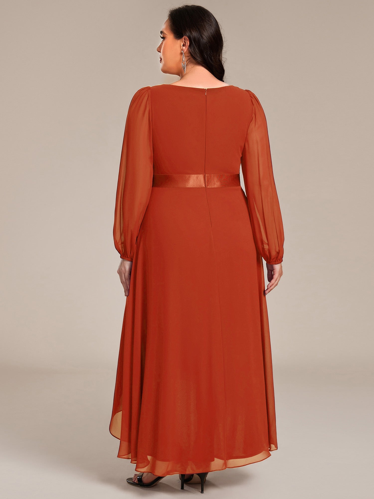 Pleated Chiffon Lantern Sleeve Evening Dress