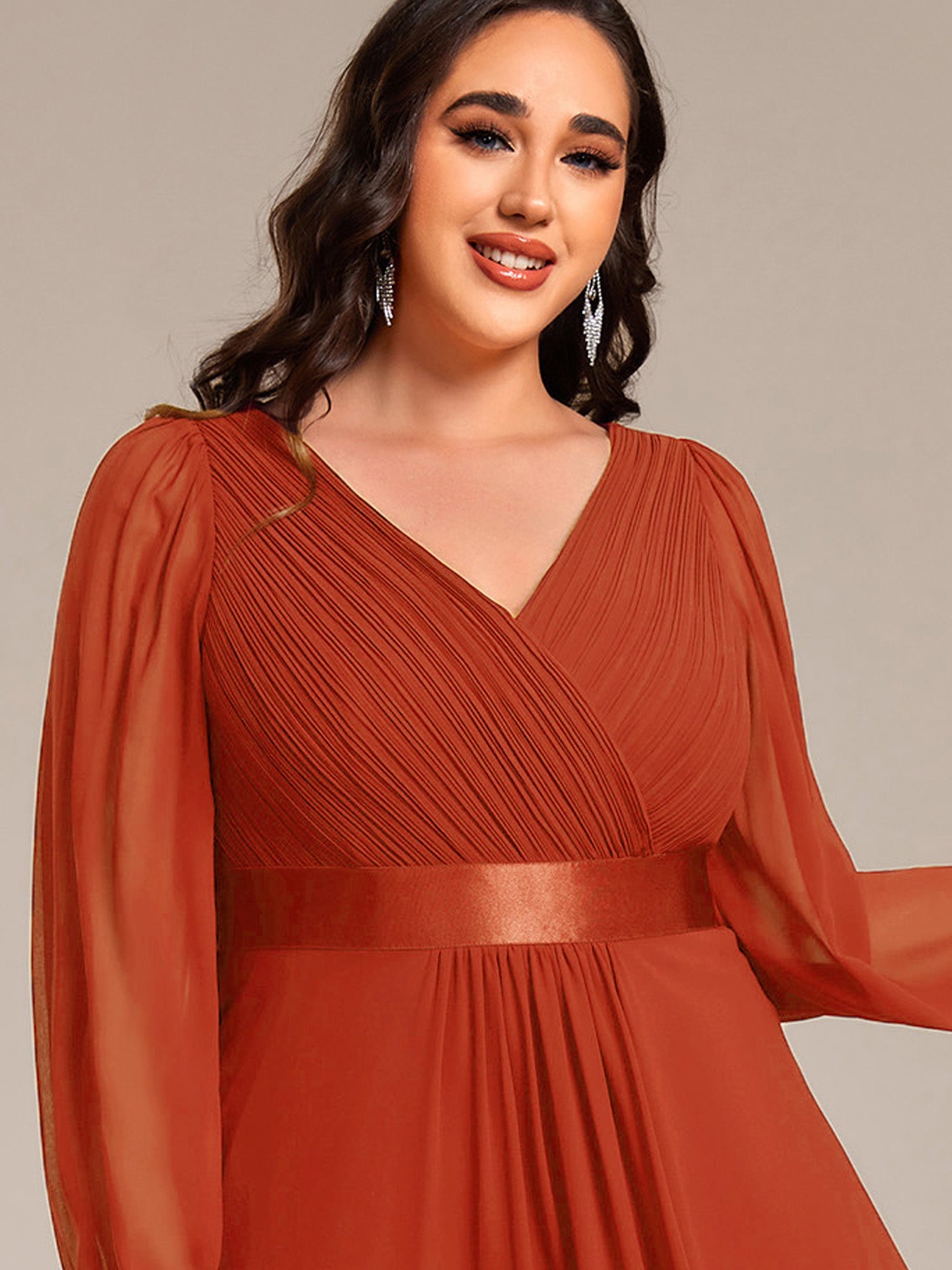 Pleated Chiffon Lantern Sleeve Evening Dress