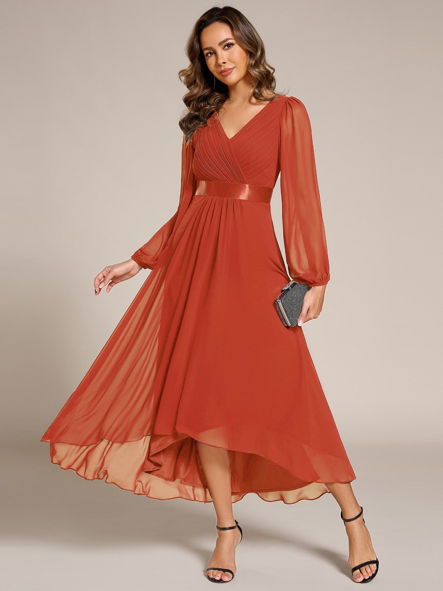 Pleated Chiffon Lantern Sleeve Evening Dress