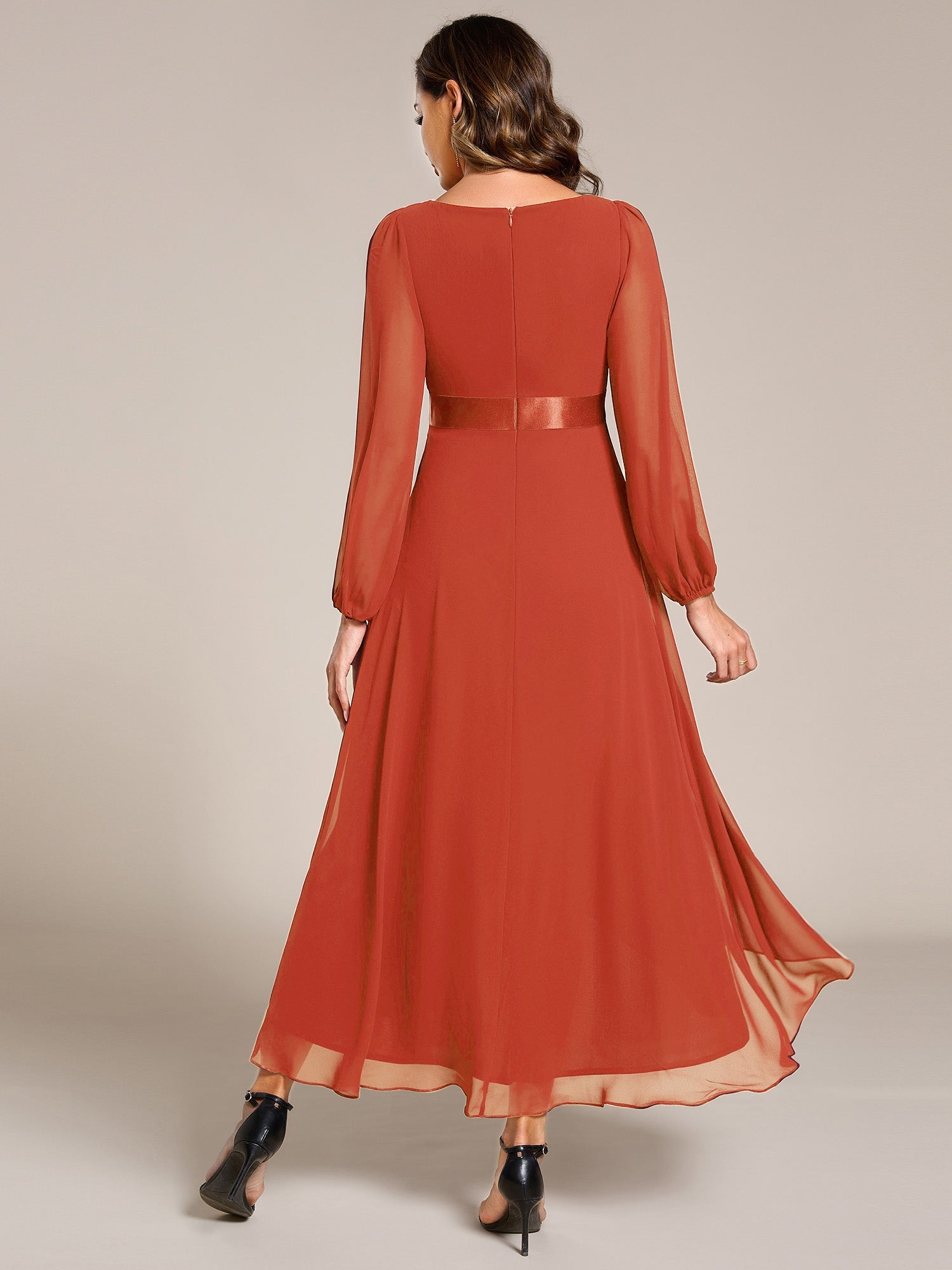 Pleated Chiffon Lantern Sleeve Evening Dress