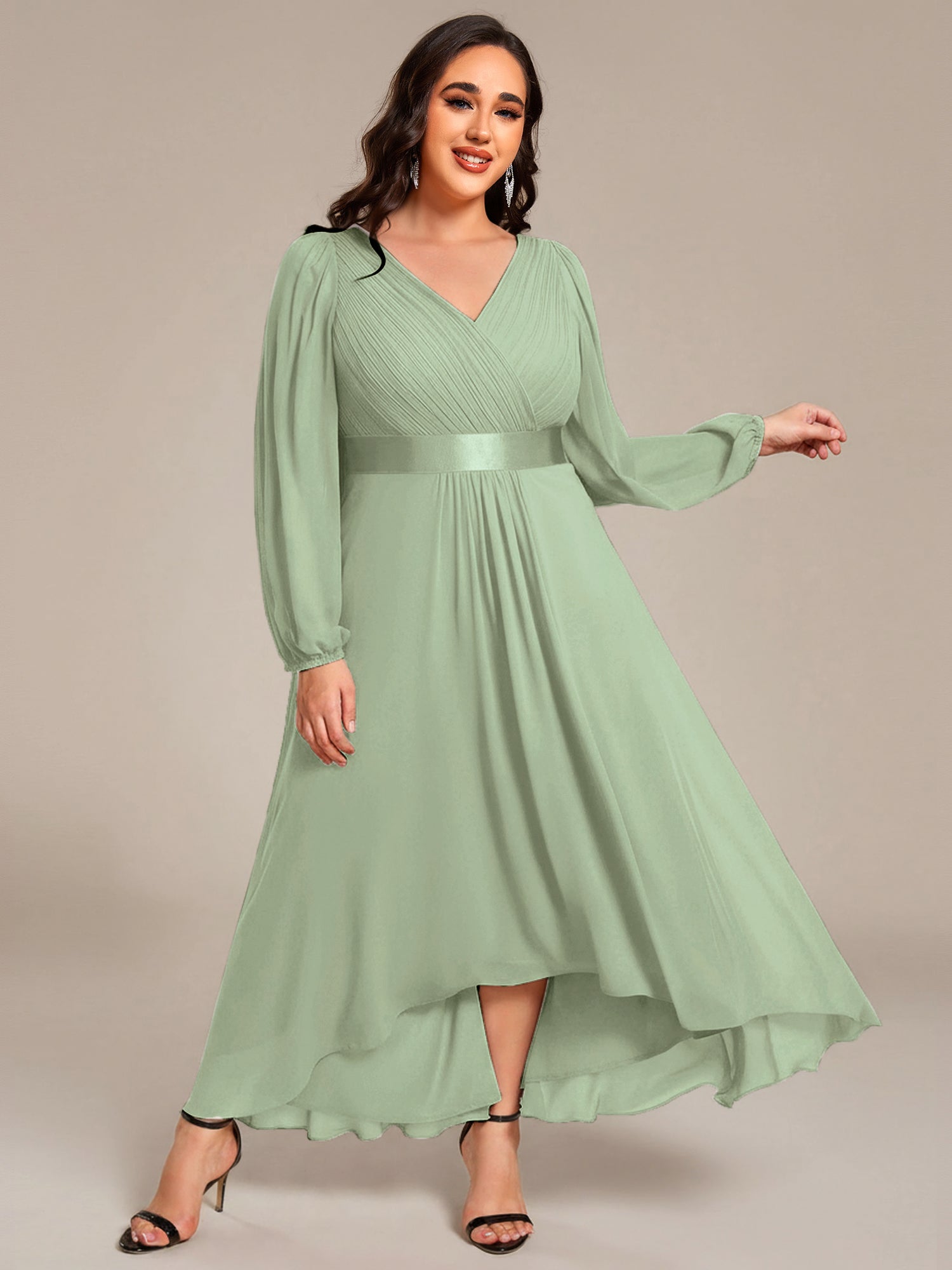 Pleated Chiffon Lantern Sleeve Evening Dress