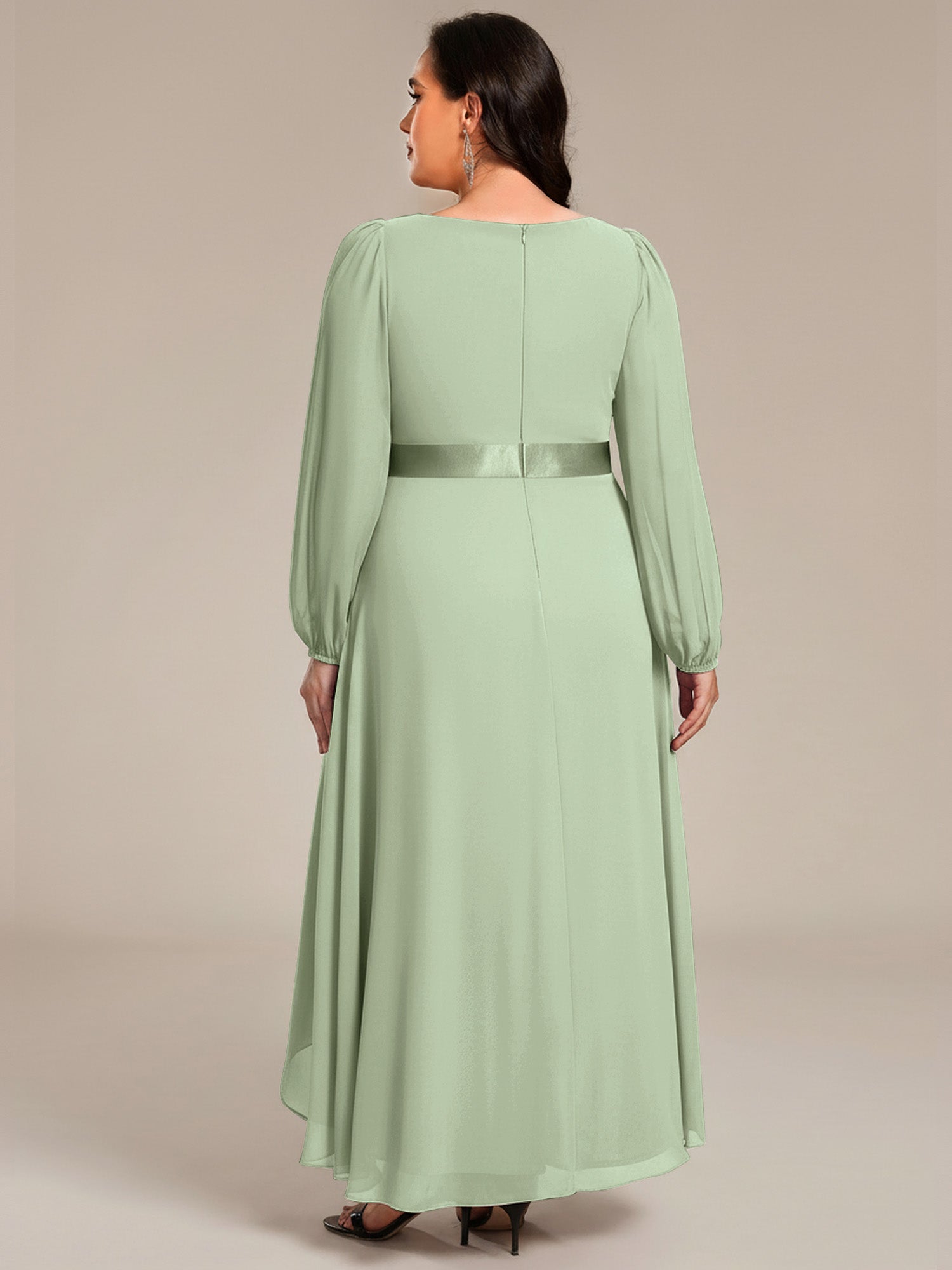 Pleated Chiffon Lantern Sleeve Evening Dress