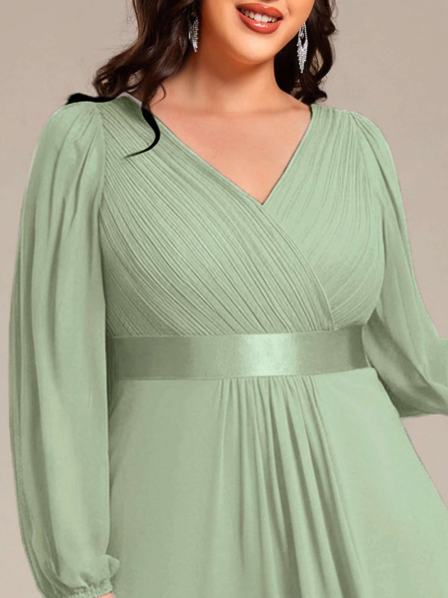 Pleated Chiffon Lantern Sleeve Evening Dress
