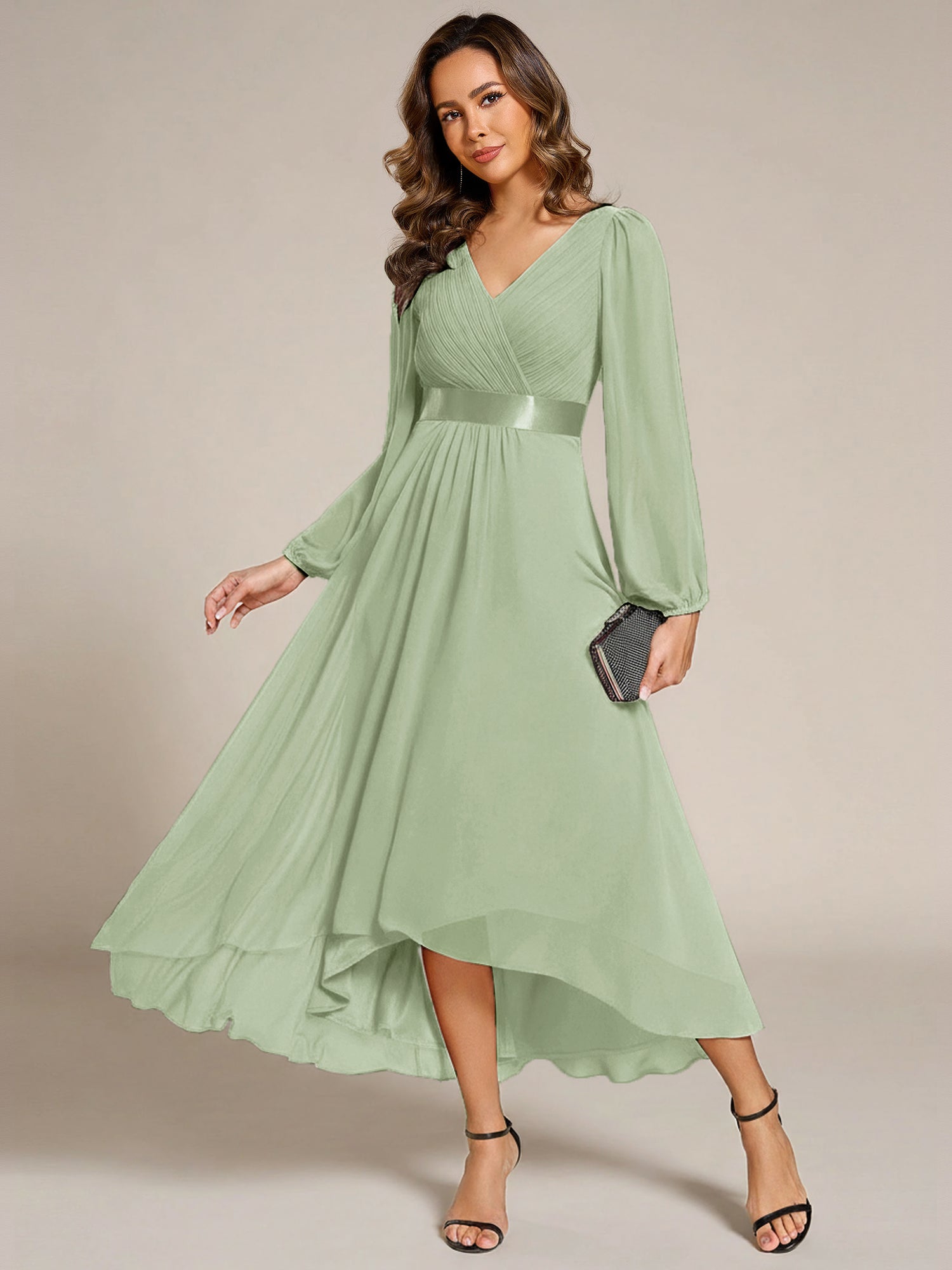 Pleated Chiffon Lantern Sleeve Evening Dress