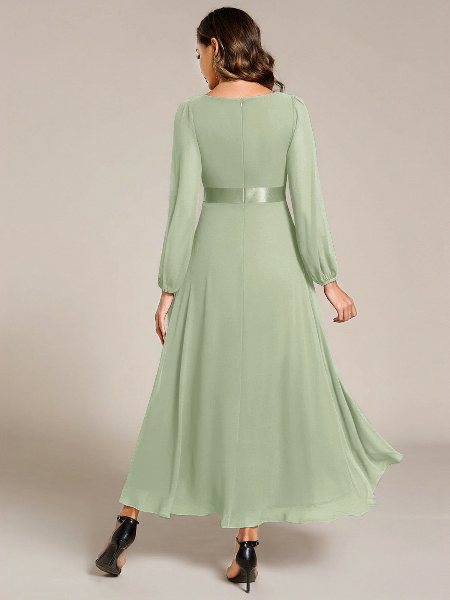 Pleated Chiffon Lantern Sleeve Evening Dress