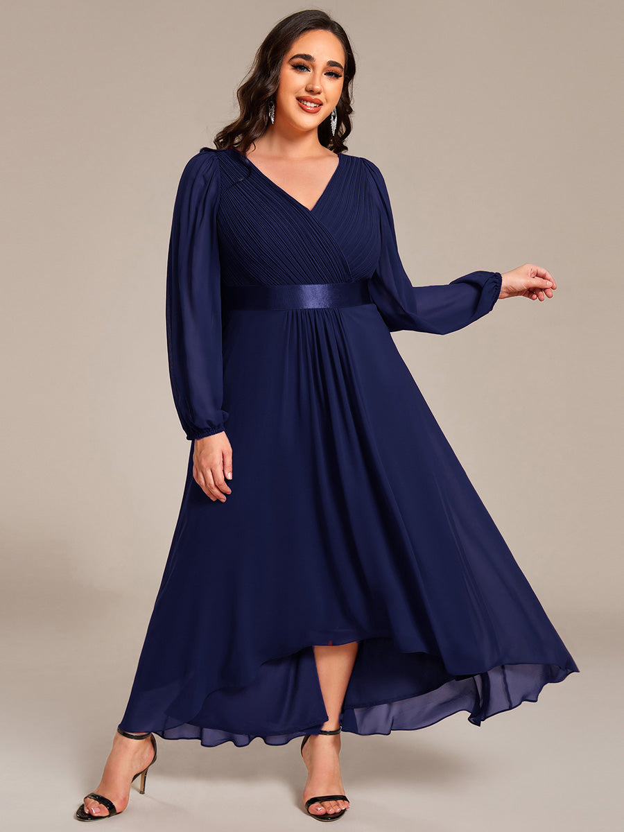 Pleated Chiffon Lantern Sleeve Evening Dress