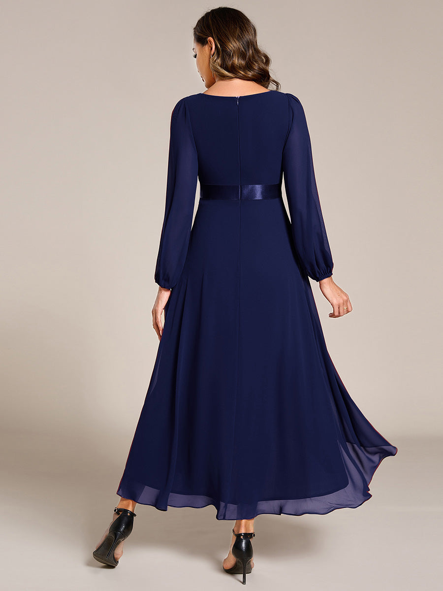 Pleated Chiffon Lantern Sleeve Evening Dress