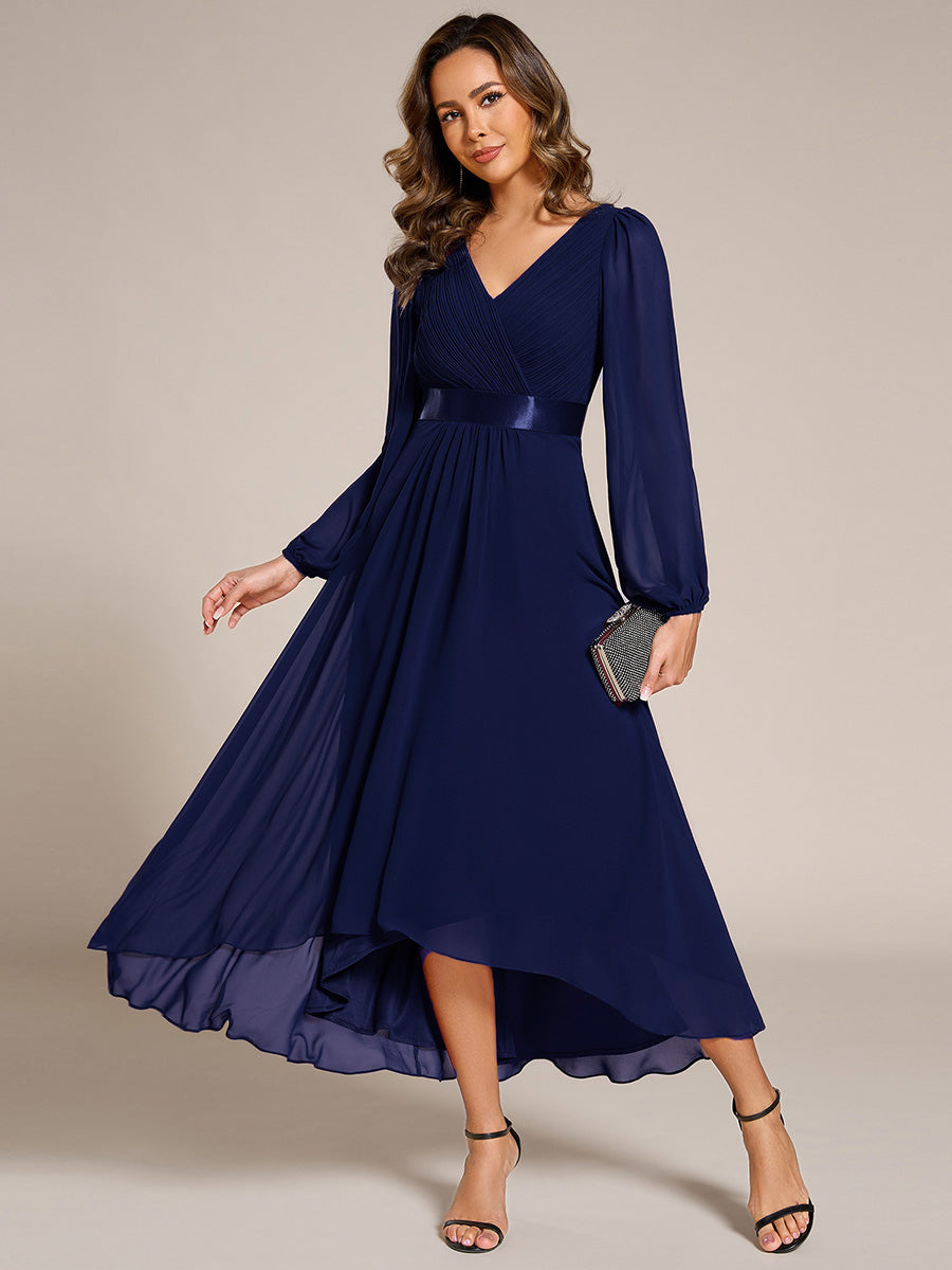 Pleated Chiffon Lantern Sleeve Evening Dress