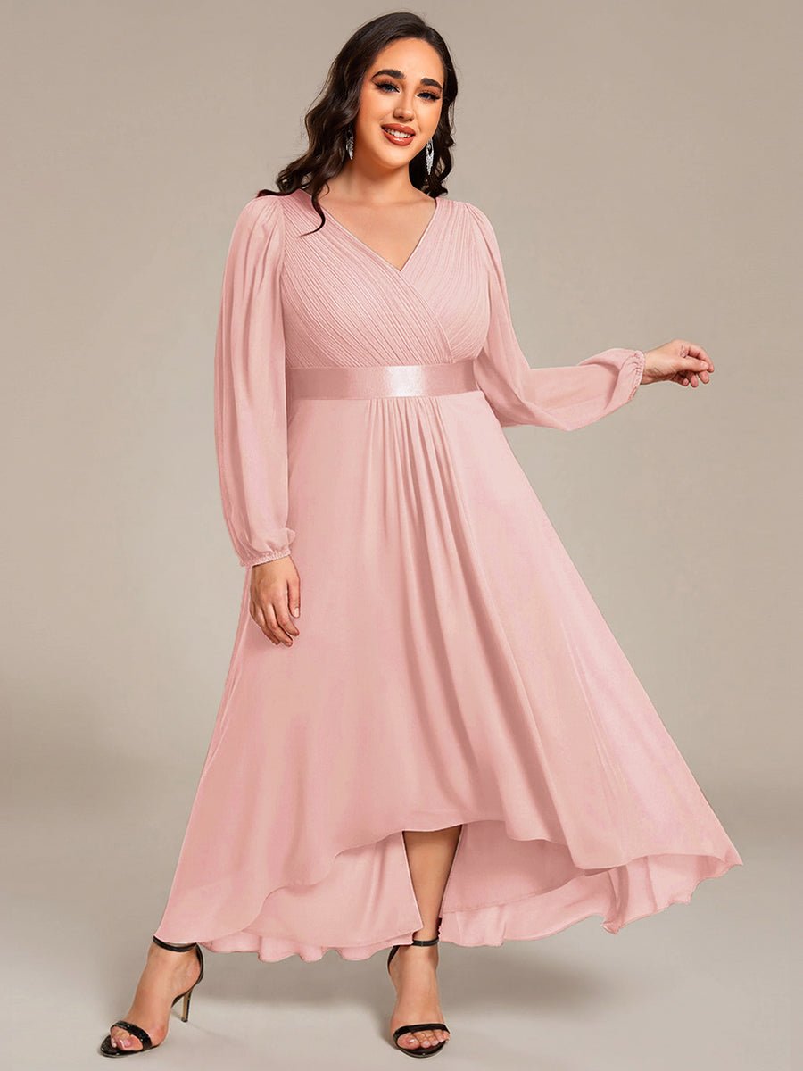Pleated Chiffon Lantern Sleeve Evening Dress