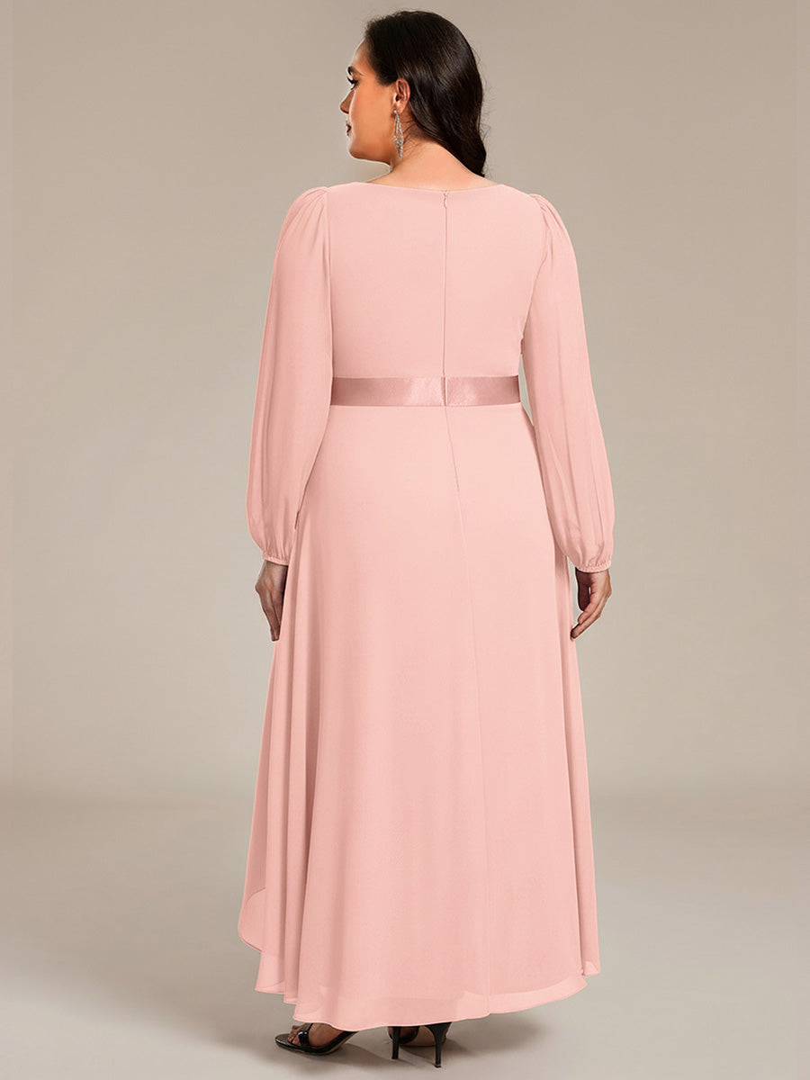 Pleated Chiffon Lantern Sleeve Evening Dress